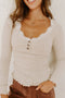 Lace Trim Button Henley Lettuce Edge Ribbed Top